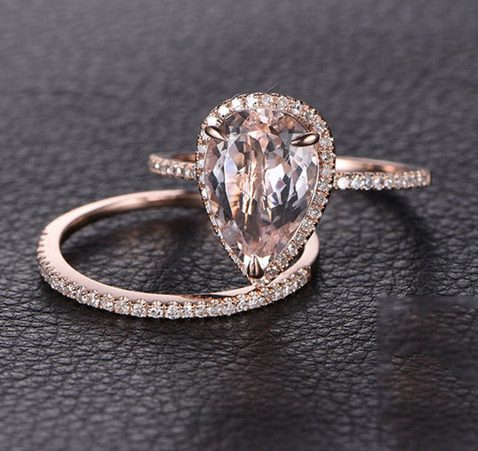 3.5ct Elongated Pear Morganite Halo Bridal Set 14K Gold