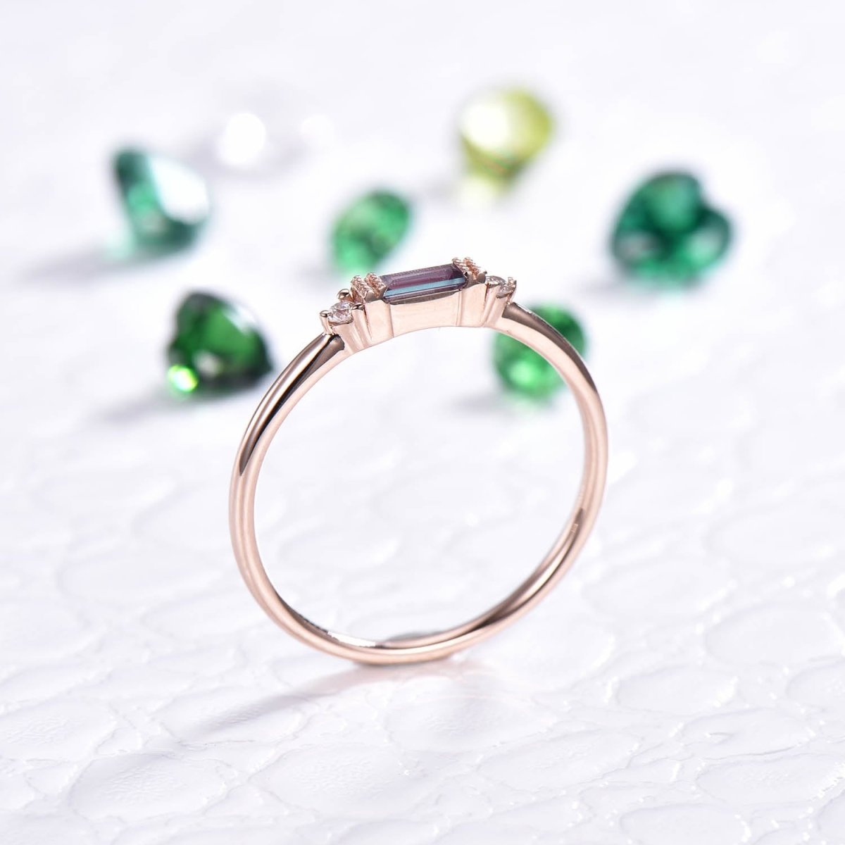 Emerald Cut Alexandrite Diamond June Birthstone Band in 14K Rose Gold - Lord of Gem Rings