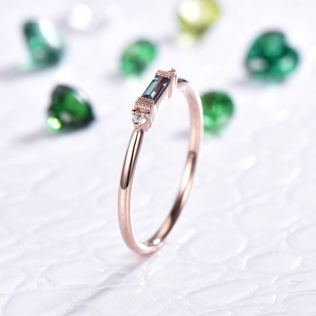 Emerald Cut Alexandrite Diamond June Birthstone Band in 14K Rose Gold - Lord of Gem Rings