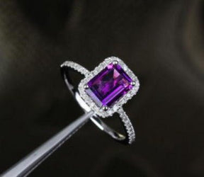 Emerald Cut Amethyst Halo Ring Diamond Acdents 14K White Gold - Lord of Gem Rings