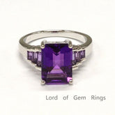 Emerald Cut Amethyst with Bagutte Amethyst Accent 14K White Gold - Lord of Gem Rings