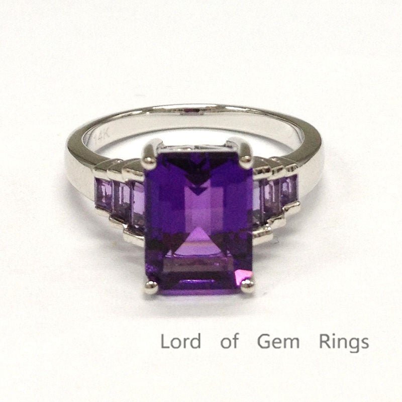 Emerald Cut Amethyst with Bagutte Amethyst Accent 14K White Gold - Lord of Gem Rings
