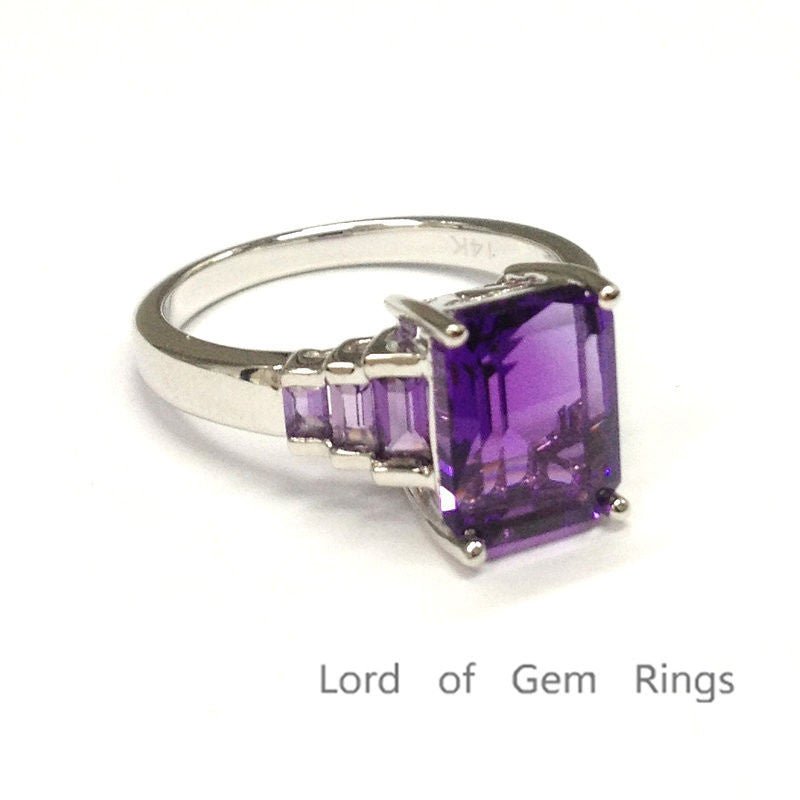 Emerald Cut Amethyst with Bagutte Amethyst Accent 14K White Gold - Lord of Gem Rings