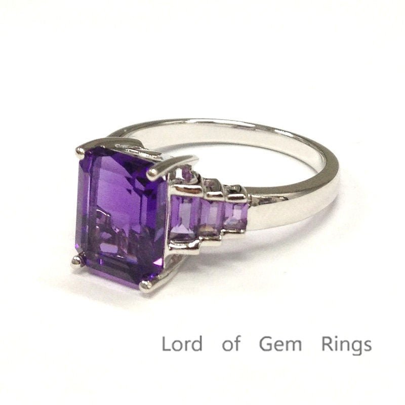 Emerald Cut Amethyst with Bagutte Amethyst Accent 14K White Gold - Lord of Gem Rings