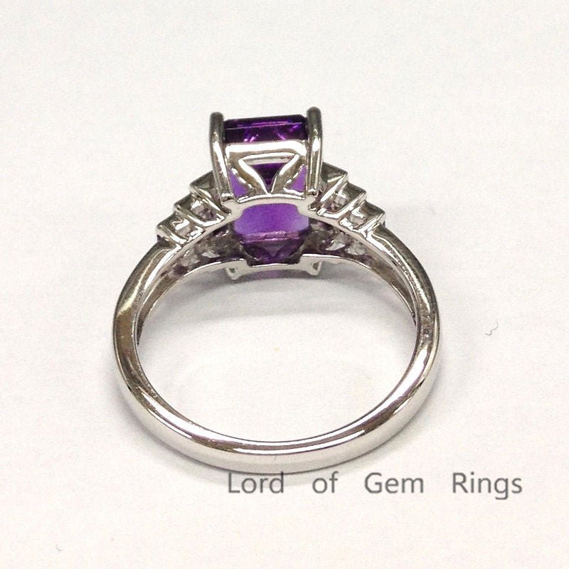 Emerald Cut Amethyst with Bagutte Amethyst Accent 14K White Gold - Lord of Gem Rings