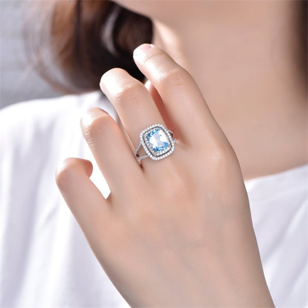 Emerald Cut Aquamarine Diamond Double Halo Split Shank Ring - Lord of Gem Rings