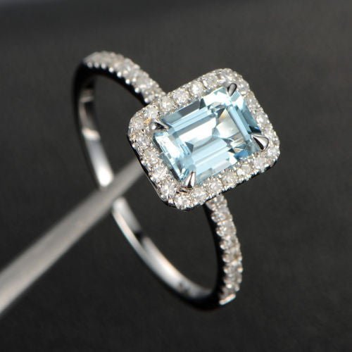Emerald Cut Aquamarine Ring Diamond Halo with Accents 14K White Gold - Lord of Gem Rings