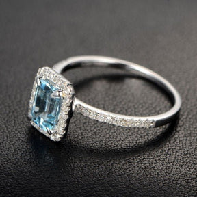 Emerald Cut Aquamarine Ring Diamond Halo with Accents 14K White Gold - Lord of Gem Rings