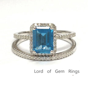 Emerald Cut Blue Topaz Engagment Ring Sets Pave Diamond Wedding 14K White Gold 6x8mm - Lord of Gem Rings