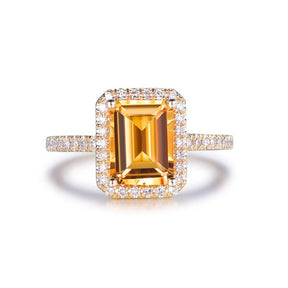 Emerald Cut Citrine Diamond Halo Ring 14K Rose Gold - Lord of Gem Rings