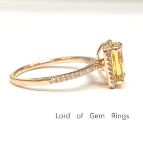 Emerald Cut Citrine Diamond Halo Ring 14K Rose Gold - Lord of Gem Rings