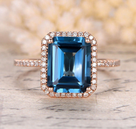 Emerald Cut london Blue Topaz Diamond Ring 14K White Gold