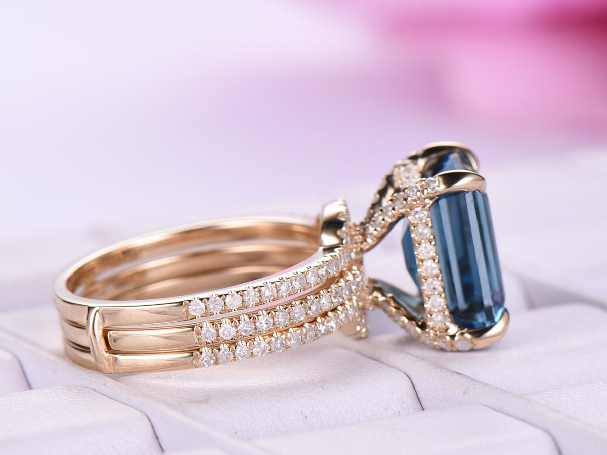 Emerald Cut London Blue Topaz Hidden Halo Forever Together Bridal Set - Lord of Gem Rings