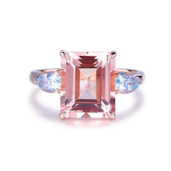 Emerald Cut Morganite and Pear Aquamarines Three-stone Ring - Lord of Gem Rings