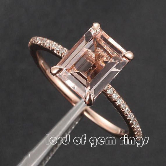 Emerald Cut Morganite Ring Diamond Hidden Accents 14K Gold - Lord of Gem Rings