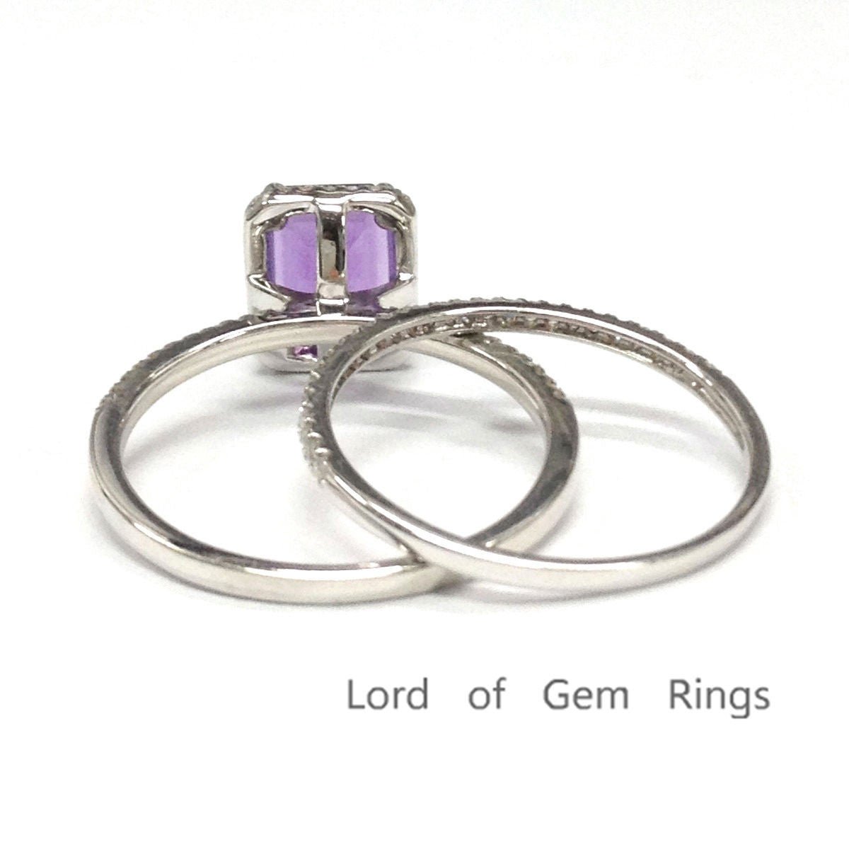 Emerald Cut Purple Amethyst Diamond Bridal Ring Set 14K White Gold - Lord of Gem Rings