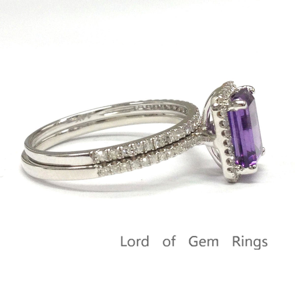 Emerald Cut Purple Amethyst Diamond Bridal Ring Set 14K White Gold - Lord of Gem Rings