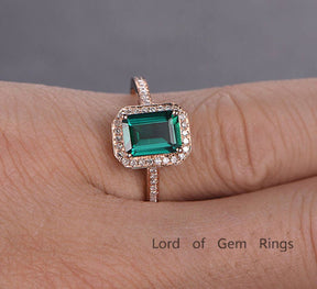 Emerald Shape Emerald Cathedral Ring with Diamond Accents Halo - Lord of Gem Rings