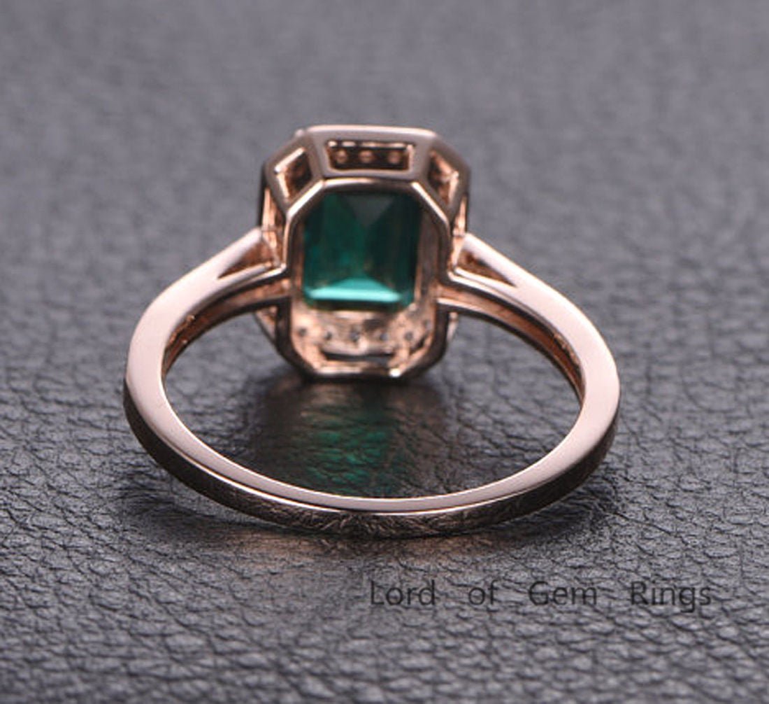 Emerald Shape Emerald Cathedral Ring with Diamond Accents Halo - Lord of Gem Rings