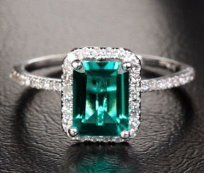 Emerald Shape Emerald Diamond Accents Halo Engagement Ring - Lord of Gem Rings