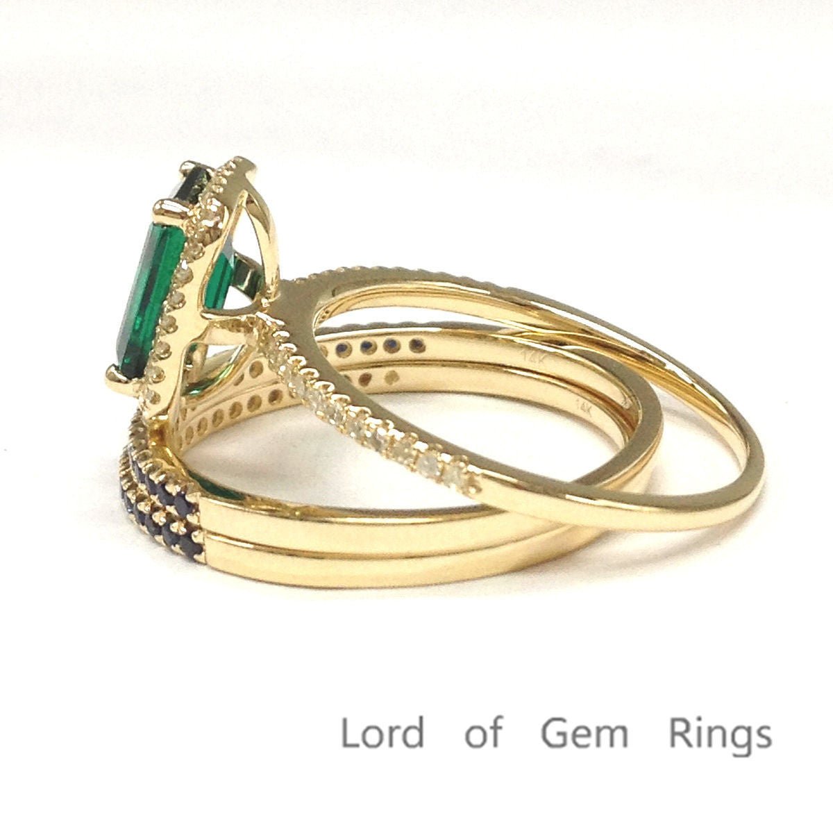 Emerald Shape Emerald Diamond Sapphire Trio Bridal Set 14K Yellow Gold - Lord of Gem Rings