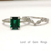 Emerald Shape Emerald Ring Art Deco Diamond Chevron Band Bridal Set - Lord of Gem Rings