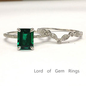 Emerald Shape Emerald Ring Art Deco Diamond Chevron Band Bridal Set - Lord of Gem Rings