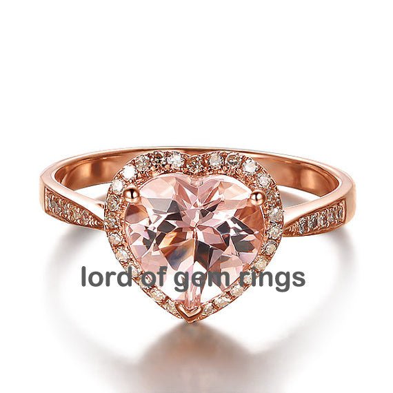 Engravable Heart Morganite Diamond Halo Engagement Ring - Lord of Gem Rings