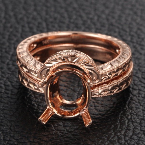 Filigree Engagement Semi Mount Ring Set 14K Rose Gold Setting, Oval 7x9mm - Lord of Gem Rings