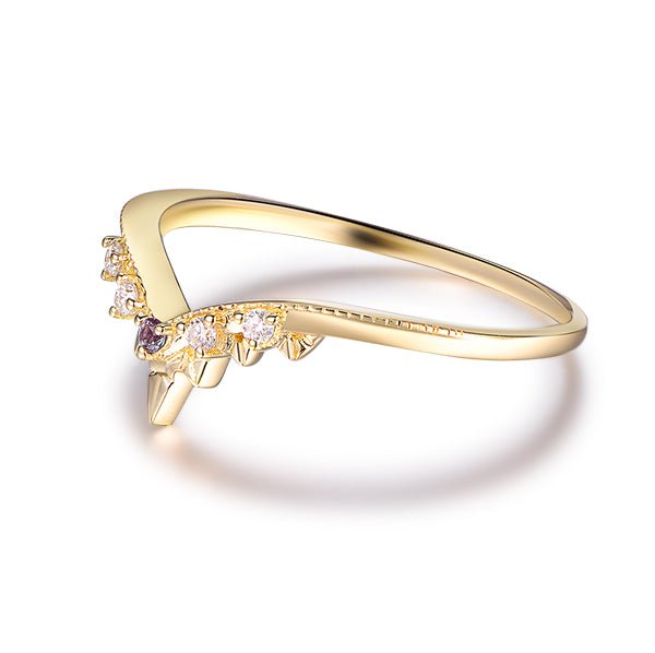 Five-Stone Alexandrite Diamond Chevron Crown Ring Milgrain June Birthstone Band - Lord of Gem Rings