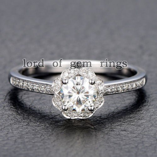 Floral Diamond Halo Round Moissanite Engagement Ring - Lord of Gem Rings