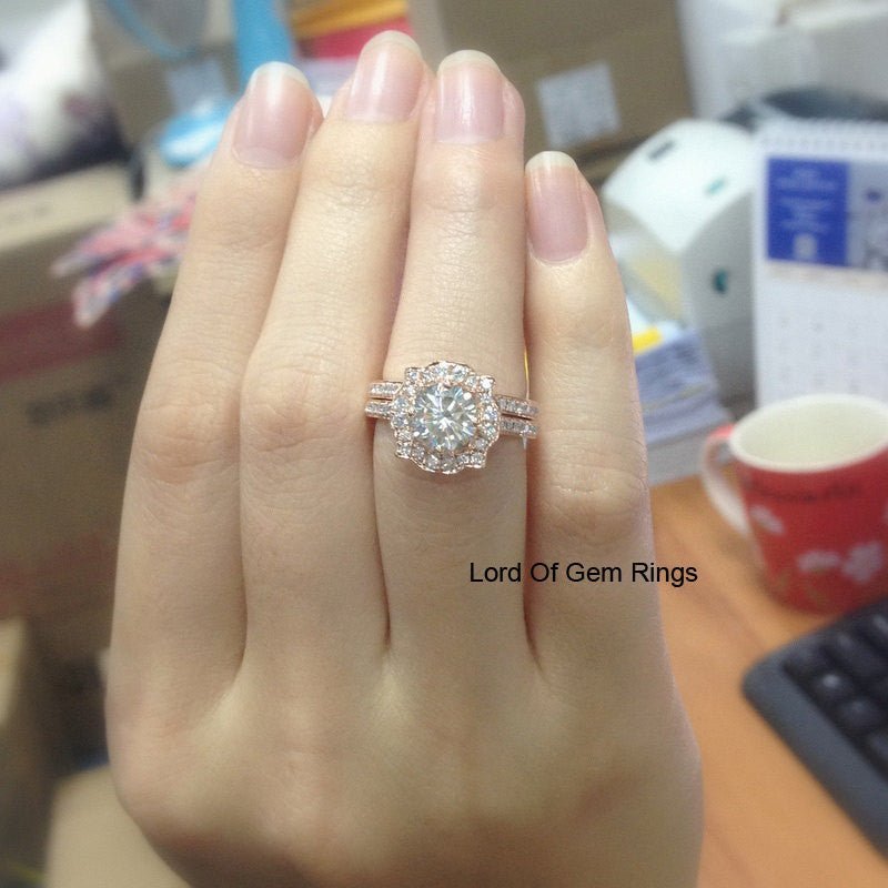 Floral Halo Round Moissanite Cathedral Bridal Set with Accents - Lord of Gem Rings