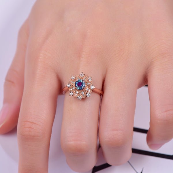 Floral Round Alexandrite Moissanite Engagement Ring 14K Rose Gold - Lord of Gem Rings