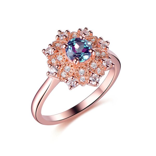 Floral Round Alexandrite Moissanite Engagement Ring 14K Rose Gold - Lord of Gem Rings