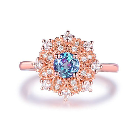 Floral Round Alexandrite Moissanite Engagement Ring 14K Rose Gold