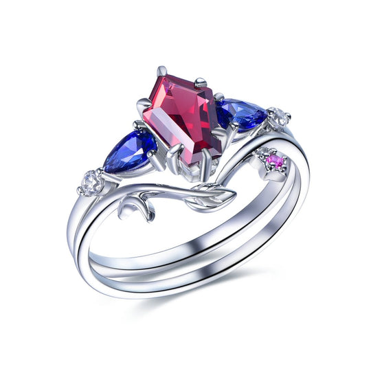 Garnet and Sapphire Bridal Set,  14K Gold/Silver