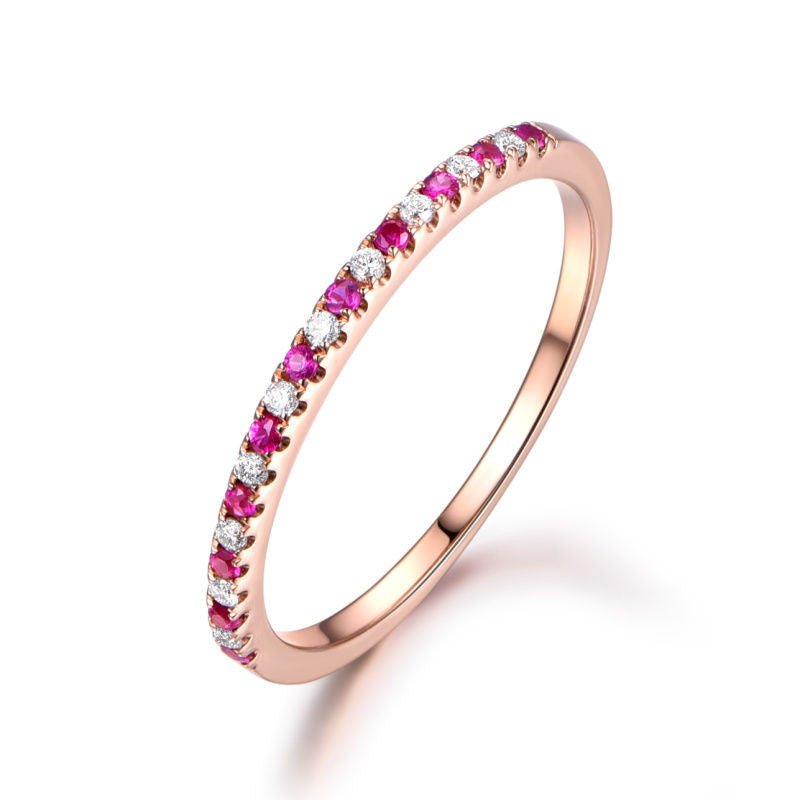 Half Eternity Pave-Set Ruby Diamond July Birthstone Band 14K Rose Gold