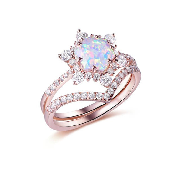 Hexagon Africa Opal Moissanite Vintage Bridal Set 14K Rose Gold