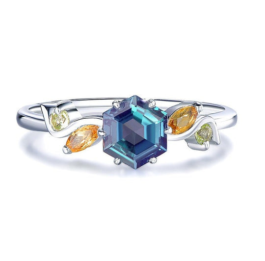 Hexagon Alexandrite Citrine Peridot Vintage Ring 14K White Gold