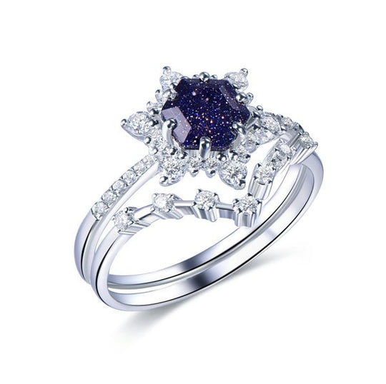 Hexagon Blue Sandstone Moissanite Halo Bridal Set 14K White Gold