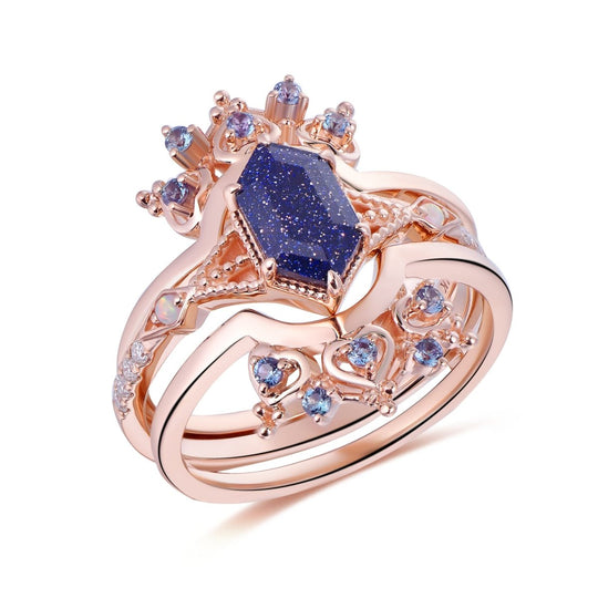 Hexagon Blue Sandstone Ring Alexandrite Ring Guard Bridal Set
