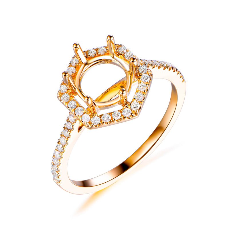 Hexagon Semi Mount Ring Diamond Halo 14K Gold