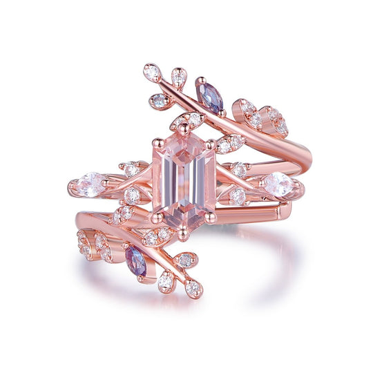5X9mm Hexagon Morganite Moissanite Alexandrite vintage vine Ring Bridal Set