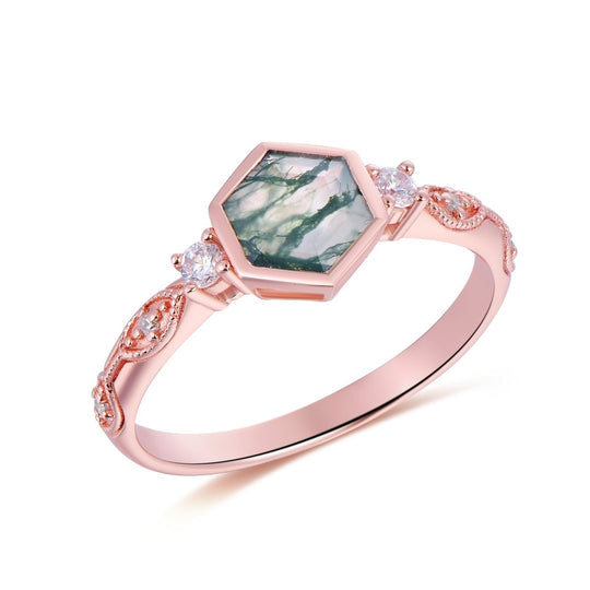 Hexagon Moss Agate Engagement Ring 14K Gold/Silver