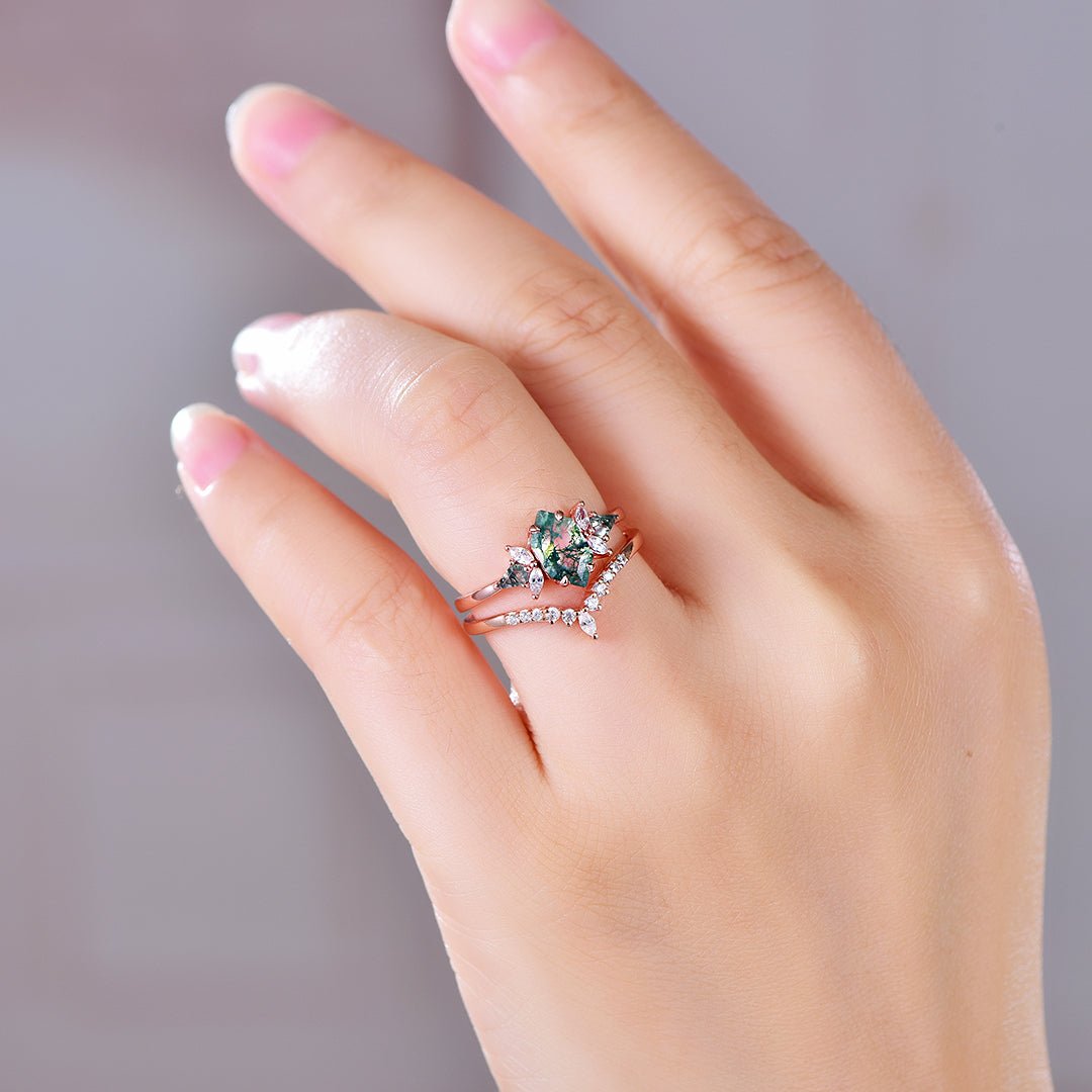 Hexagon Moss Agate & Leaf Accent Ring Set in 14k Rose Gold | Silver - Lord of Gem Rings