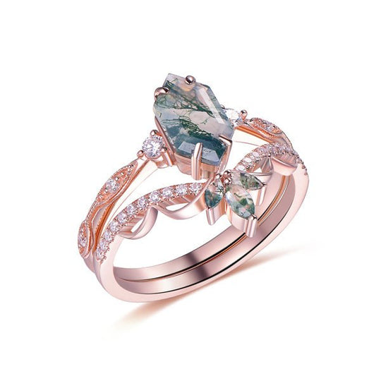 Hexagon Natural Moss Agate Bridal Set Matching Chevron Leaf Band, 14K Gold/Silver