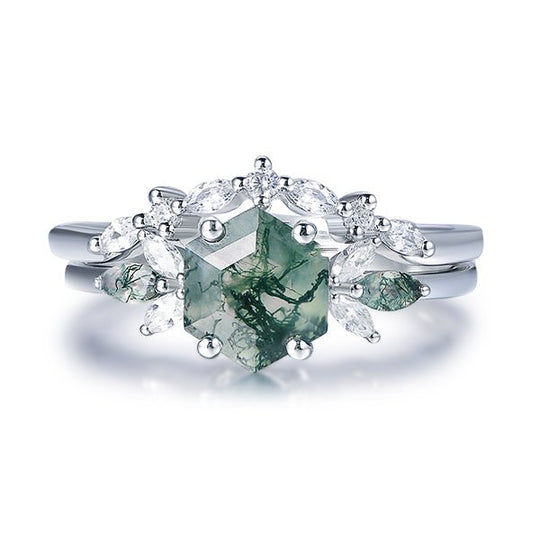Reserved for Matthew - Hexagon Natural Moss Agate Marquise Moissanite Bridal Set 14K Yellow Gold