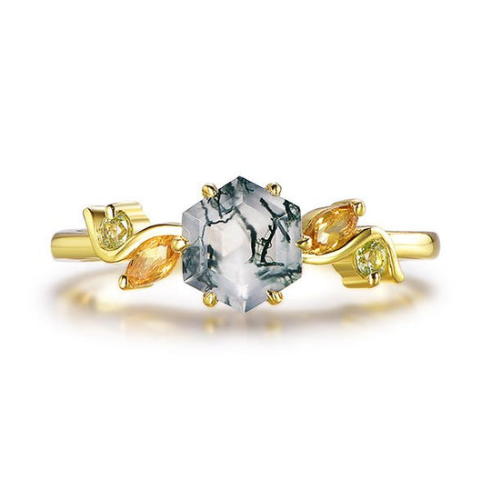 Hexagon Natural Moss Agate Peridot Citrine Engagement Ring 14K Yellow Gold