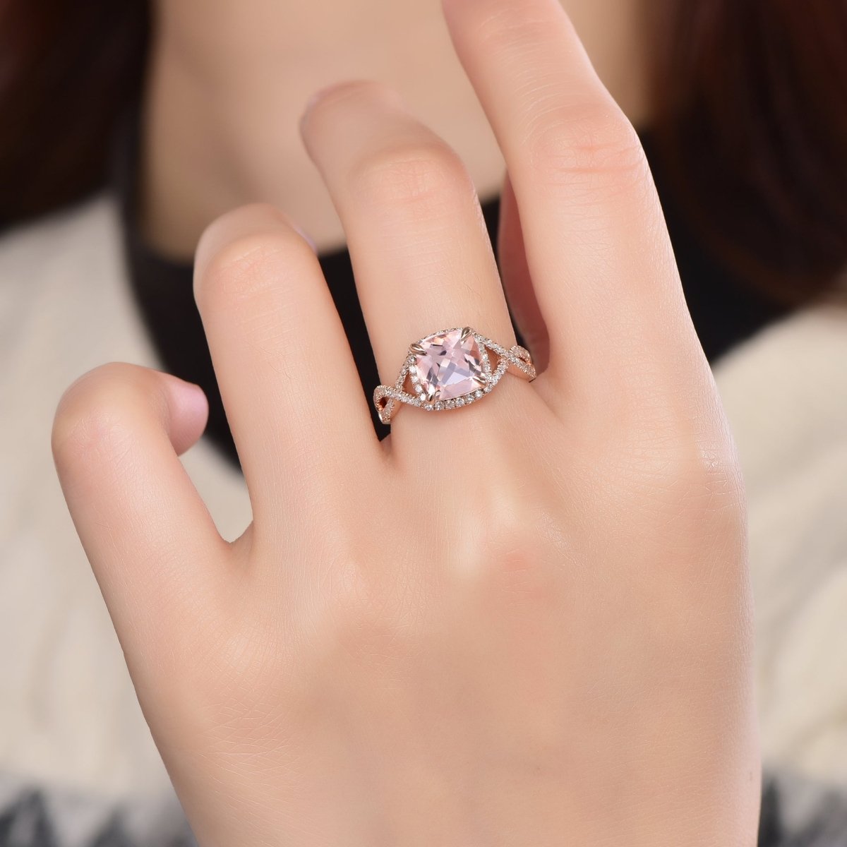 Infinity Cushion Morganite Diamond Halo Engagement Ring - Lord of Gem Rings