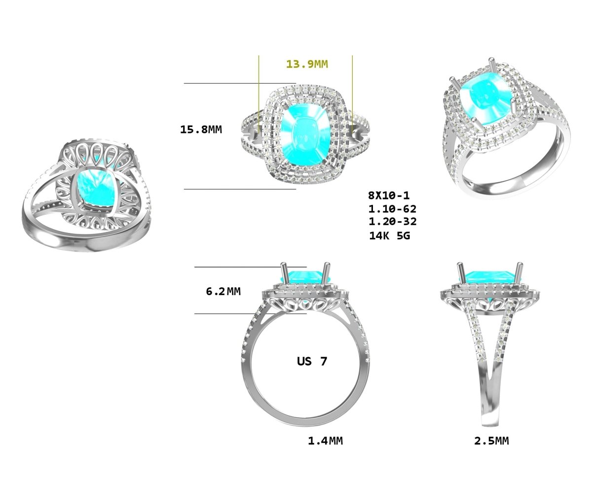 Kali- Cushion Aquamarine Ring 14K White gold - Lord of Gem Rings